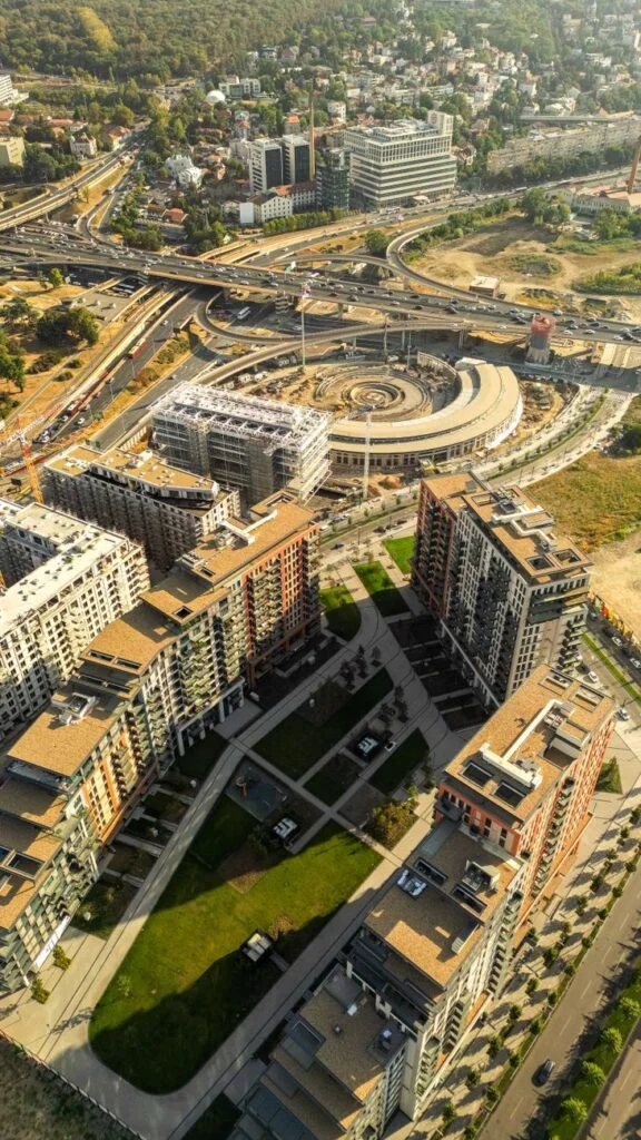 Modern residential buildings of the Feofania City complex in Kyiv, Ukraine.
